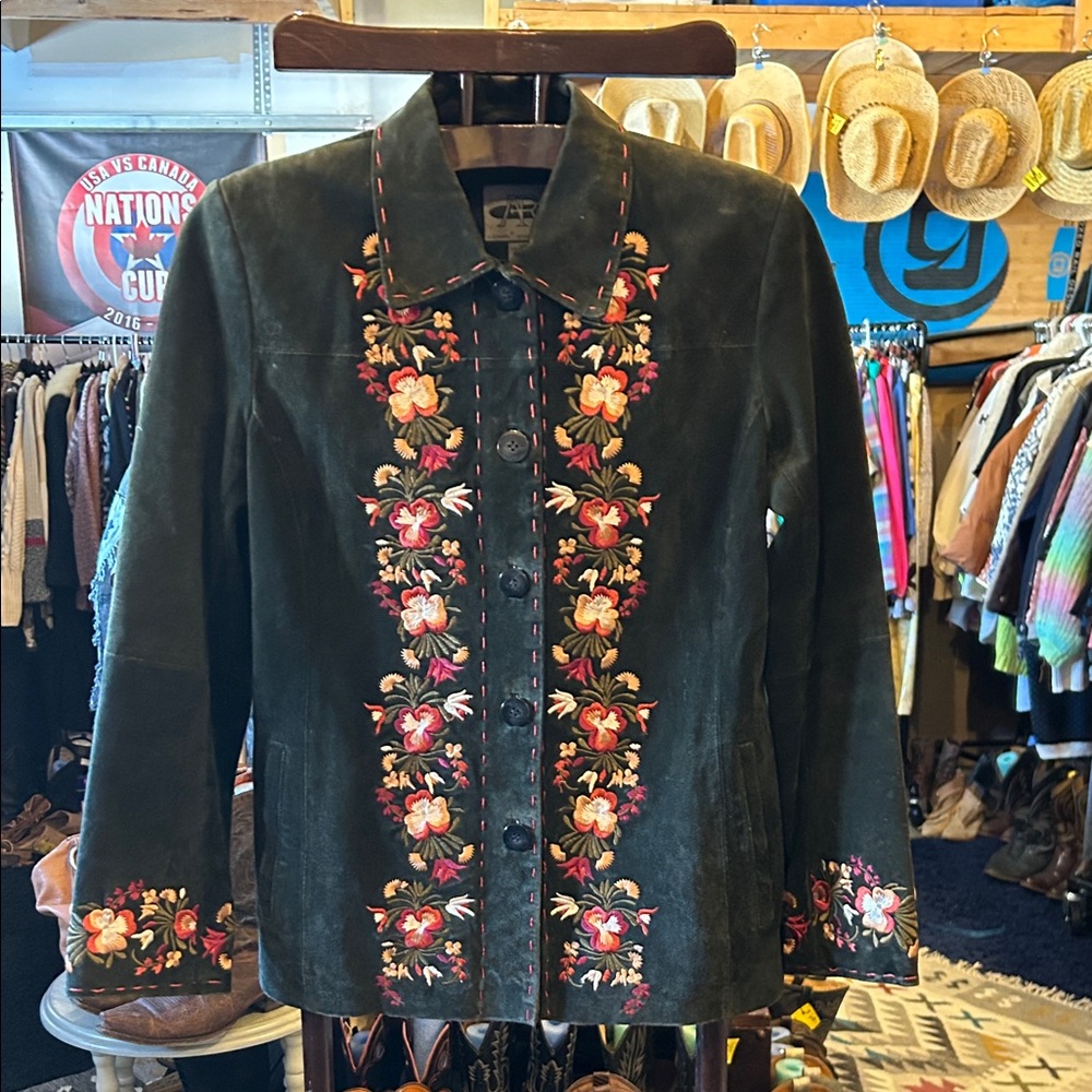Bernardo Black Suede Jacket with Colourful Floral Embroidery